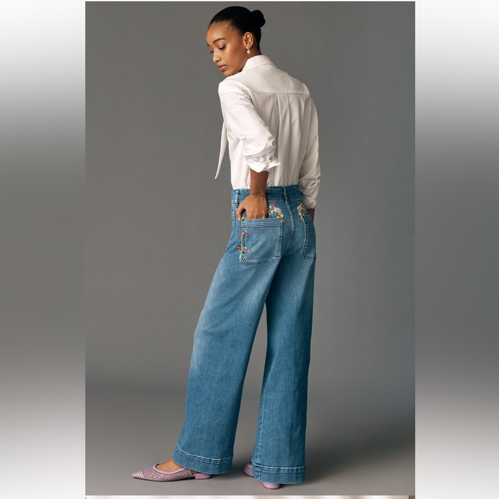 Maeve Blue Embroidered Wide-Leg Jeans - Picture 2 of 8